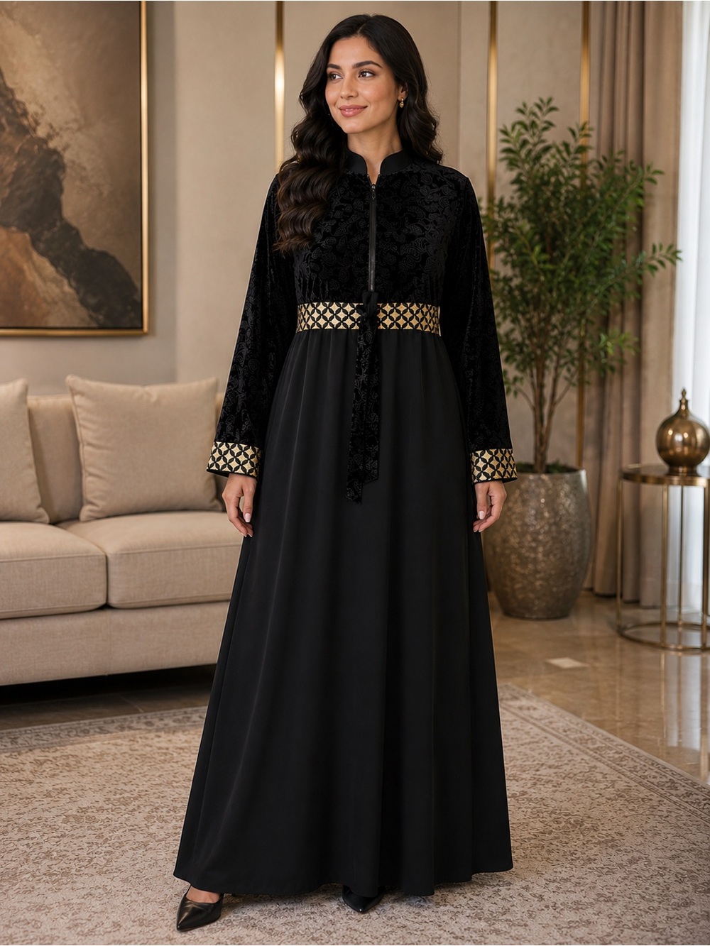 Abaya Elegant Black Maxi Dress with Gold Trim belted half zip